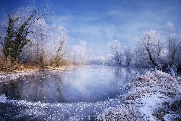Зимний пейзаж с прудом