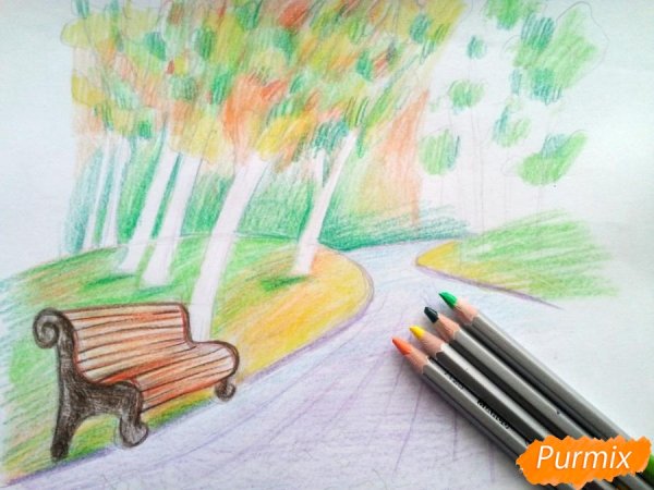 Осенний парк рисунок карандашом