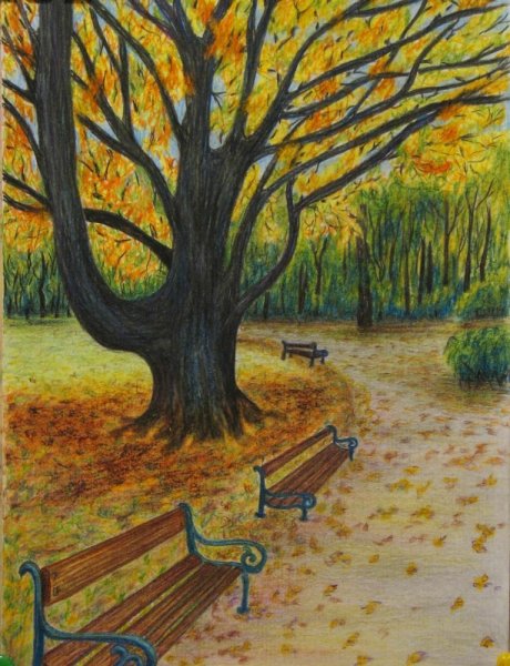 Осенний пейзаж цветными карандашами