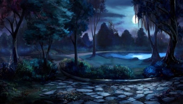 Ночное озеро в лесу арт