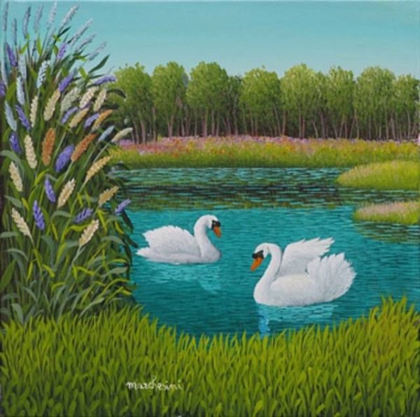Пейзаж с лебедями легко
