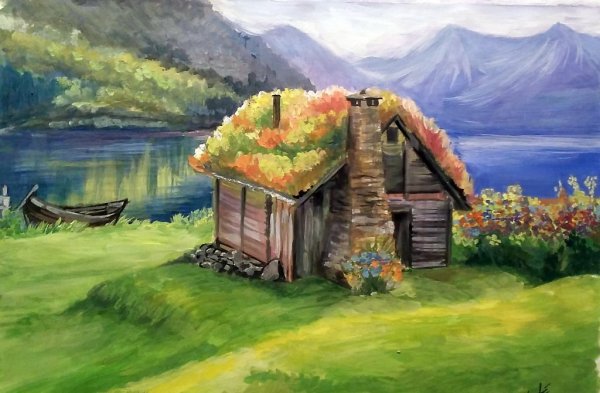 Домик в горах акварель