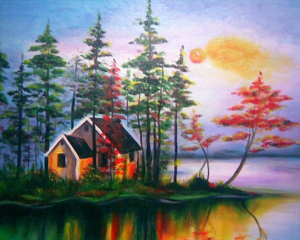 Домик в лесу гуашью