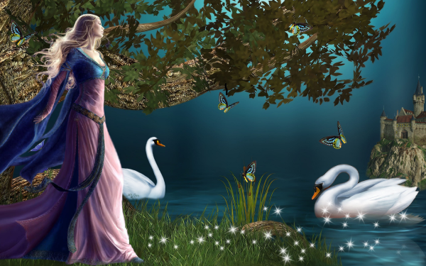 Озеро с лебедями фэнтези