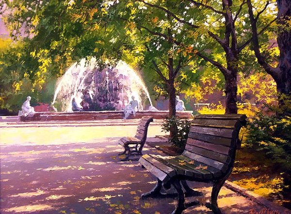 Сквер скамейки фонтаны Питер