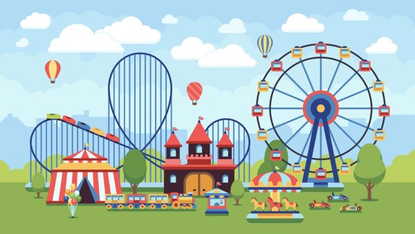 Парк аттракционов мультяшный