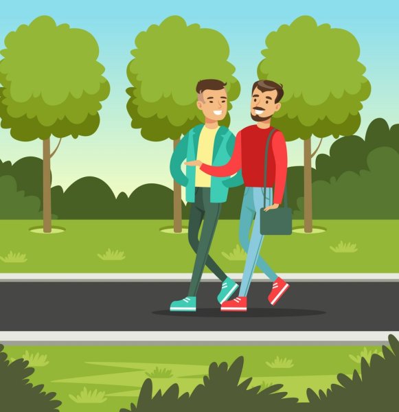 Два человека гуляют в парке