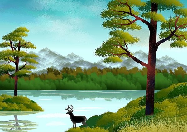 Олень у озера рисунок