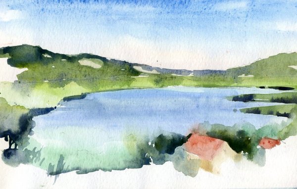 Пейзаж акварелью пленэр озеро