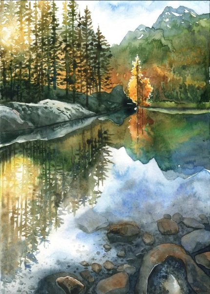 Озеро в лесу акварель