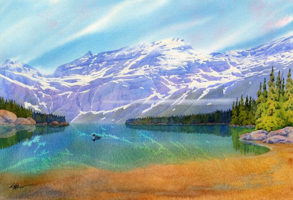 Пейзаж озеро горы акварель СССР