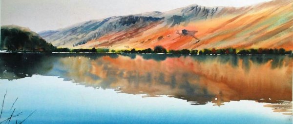 Пейзаж с отражением акварелью