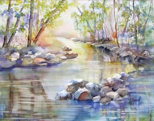 Пейзаж с прудом акварель