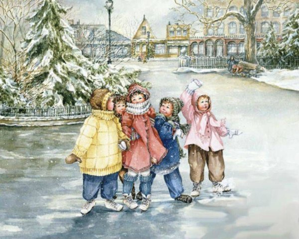 Дети катаются на коньках картина