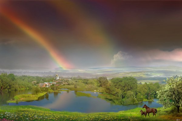 Красивый пейзаж с радугой