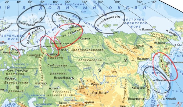Карта России с островами и полуостровами и морями