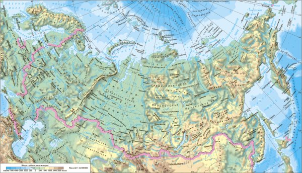 Рельеф России на физической карте России