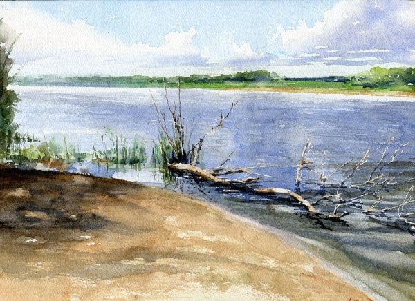 Речной пейзаж акварелью
