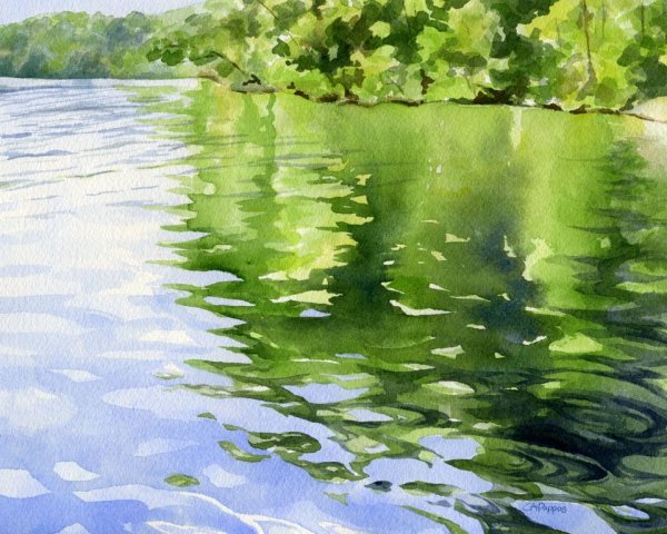 Отражение в воде акварелью
