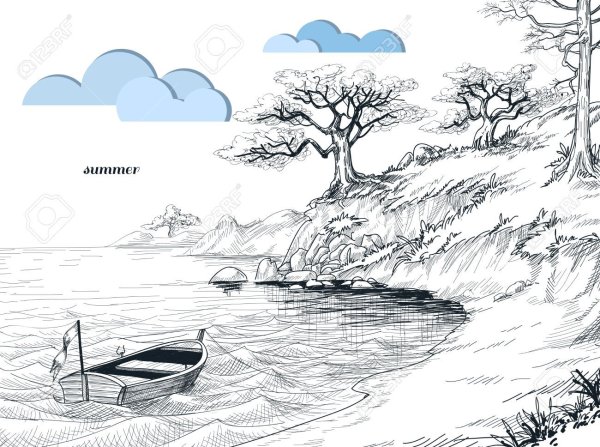 Пейзаж карандашом озеро