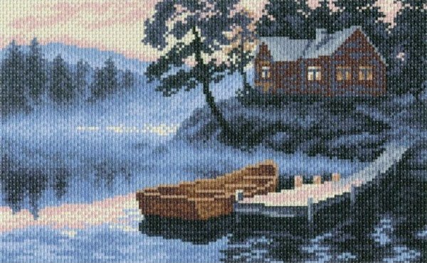 Вышивка с домиком и лодкой