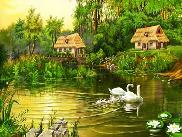 Пейзаж с лебедями
