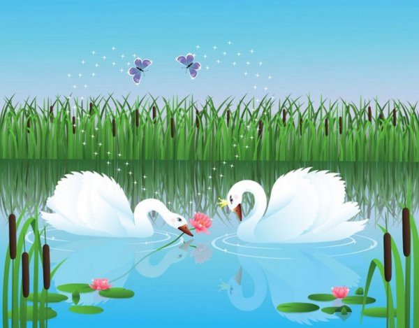 Пруд лебеди вектор