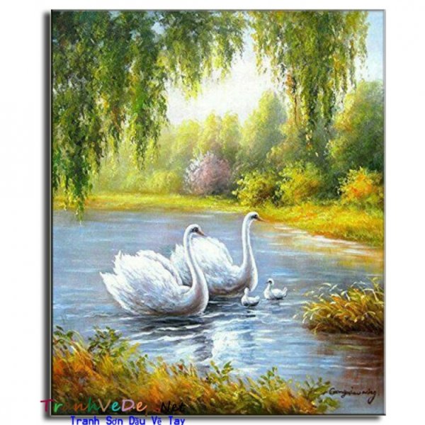 Живопись лебеди на озере