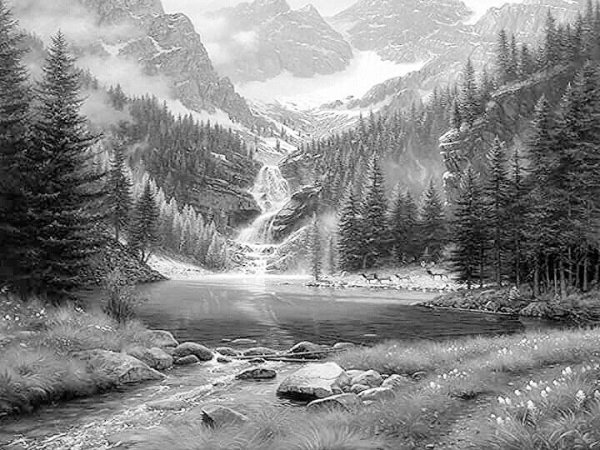 Река, горы лес Графика