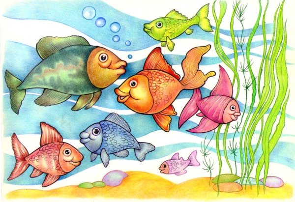 Рыбки плавают в пруду рисование