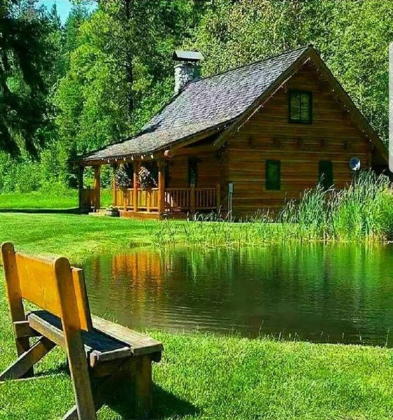 Деревянный домик на берегу озера