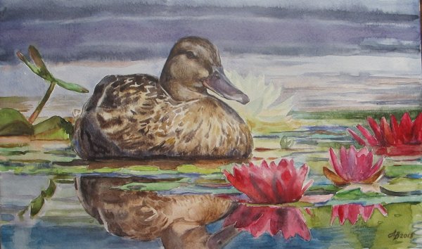 Утка с утятами акварель