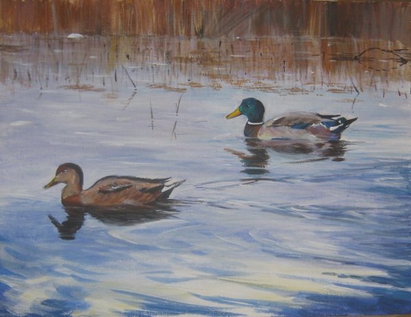 Утки в пруду живопись