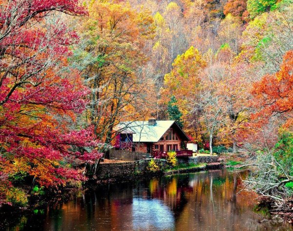 Домик у озера осенью