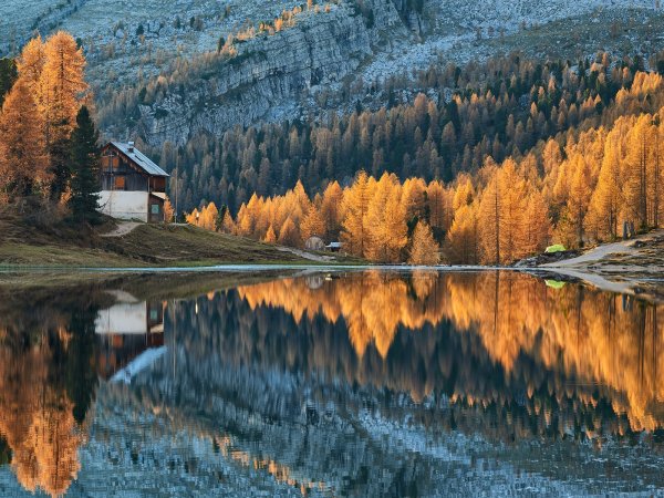 Осень лес озеро домик