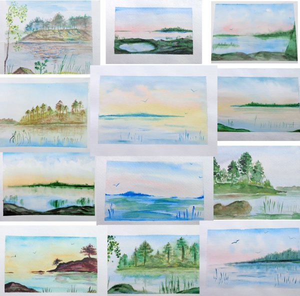 Пейзажи акварелью по этапно