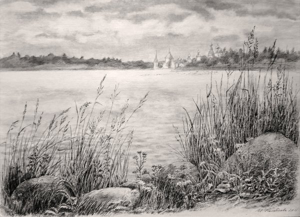 Картина озеро карандашом