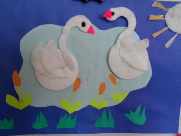 Картина панно рисунок Праздник осени Аппликация Ассамбляж Гуси - лебеди Вата Диски ватные Пластилин
