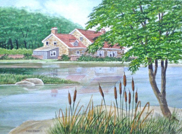 Пейзаж с домиком цветными карандашами