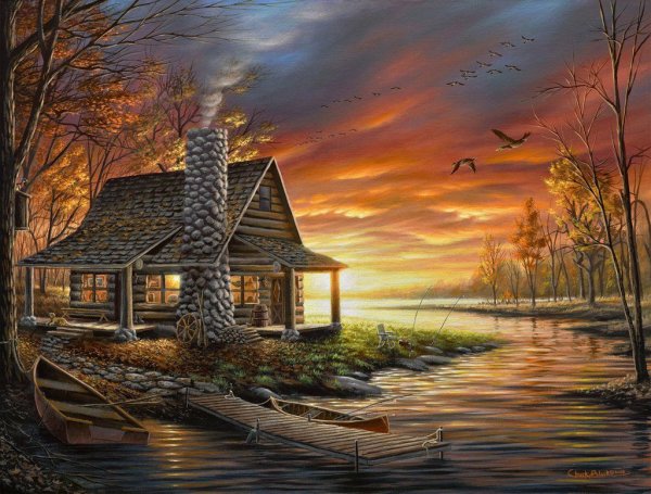 Домик у озера иллюстрация