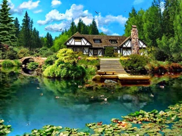 Красивый дом в горах у реки