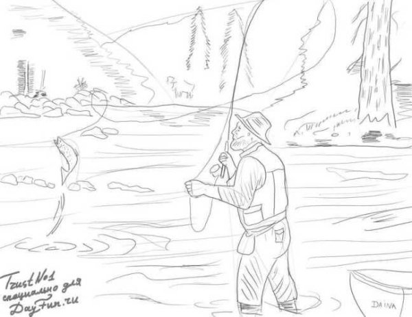 Рисунок на тему рыбалка карандашом
