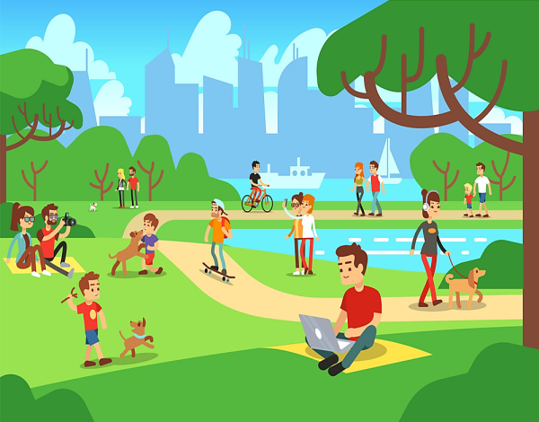 Парк мультяшный с людьми