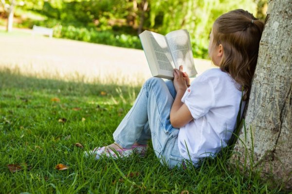 Маленькая девочка на природе читает книжку