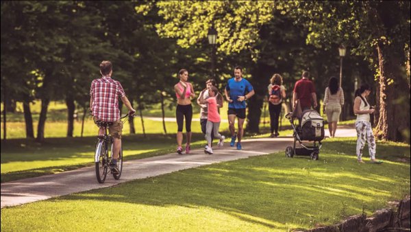 Люди гуляют в парке лето