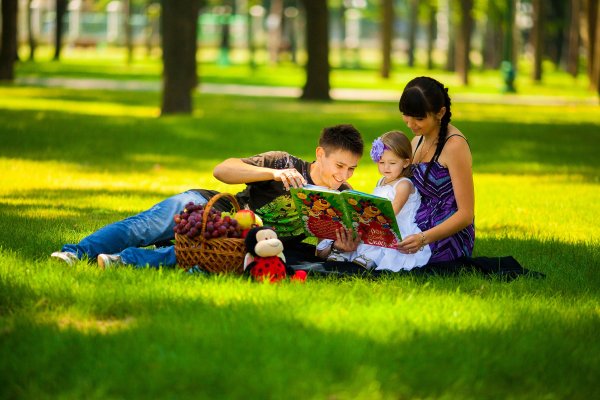 Семья с детьми в парке гуляют