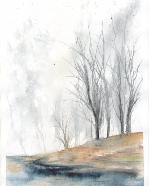 Пасмурный лес акварелью