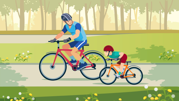 На велосипеде в парке мультяшные