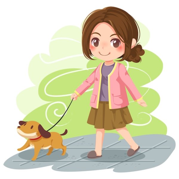 Девочка гуляет с собакой
