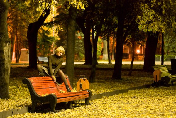 Лавочка на улице осенью